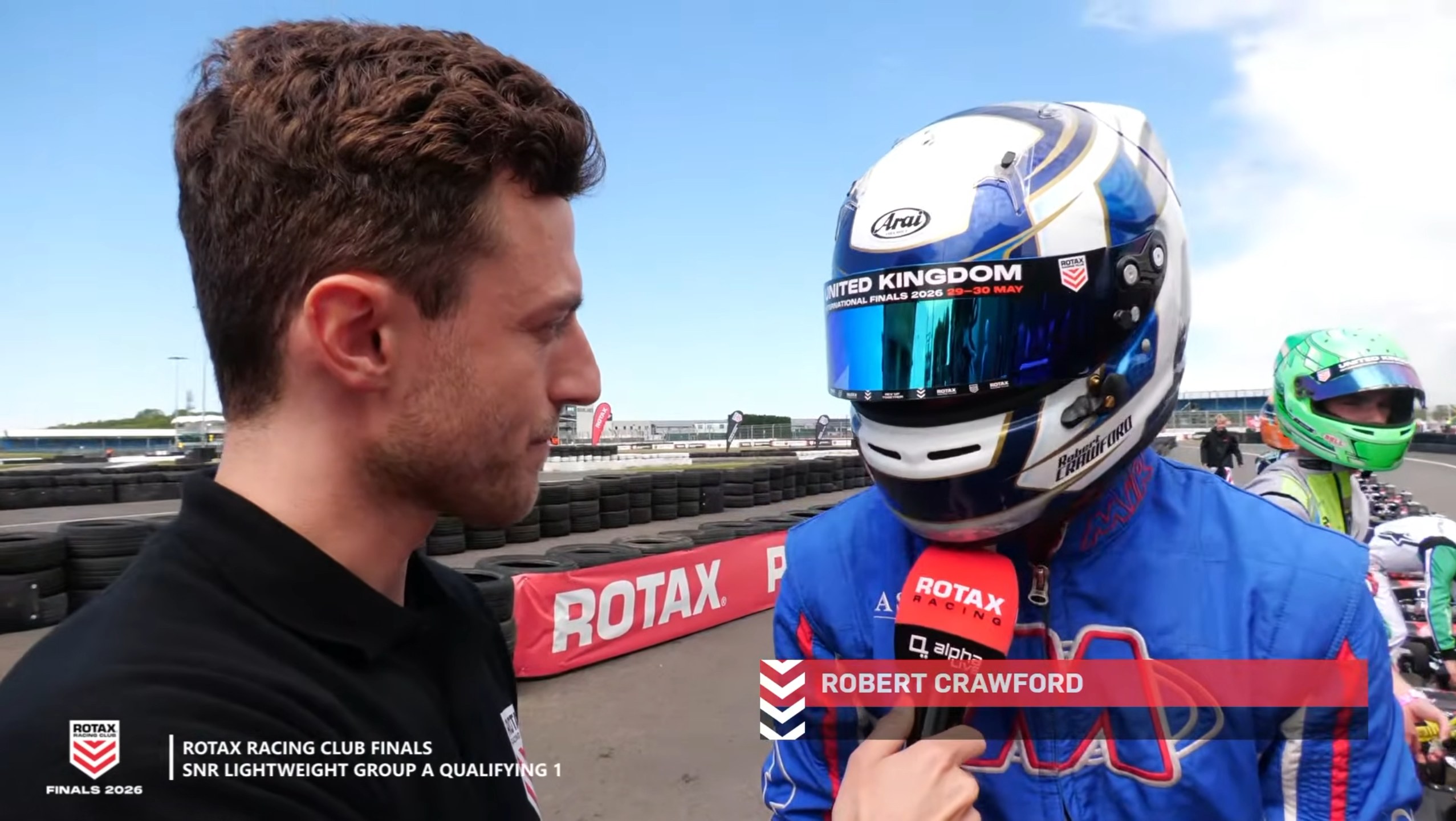Robert Crawford being interviewed trackside at the Rotax Racing Club Finals, Silverstone